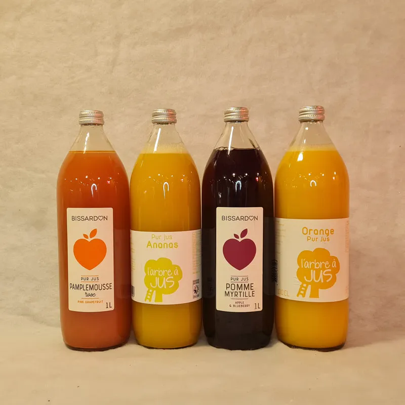 Jus Pamplemousse, Pomme-myrtille, Orange et Ananas