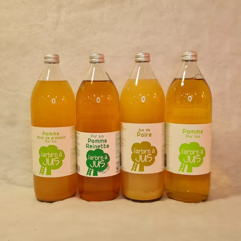 Jus Pomme, Pomme-Reinette, Poire, Pomme red love et Pomme-mûre