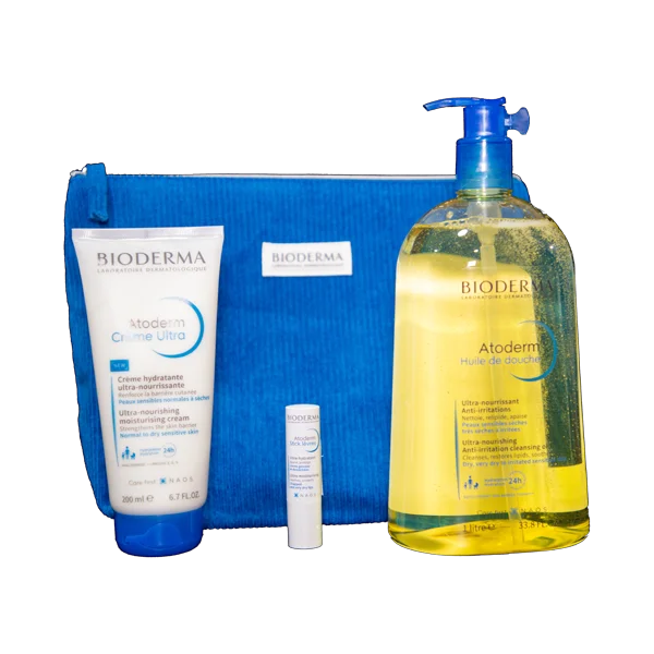 BIODERMA ATODERM TROUSSE MON RITUEL P/SECHES A TRES SECHES( HUILE DOUCHE 1L + CR ULTRA + STICK LEVRES OFFERT )